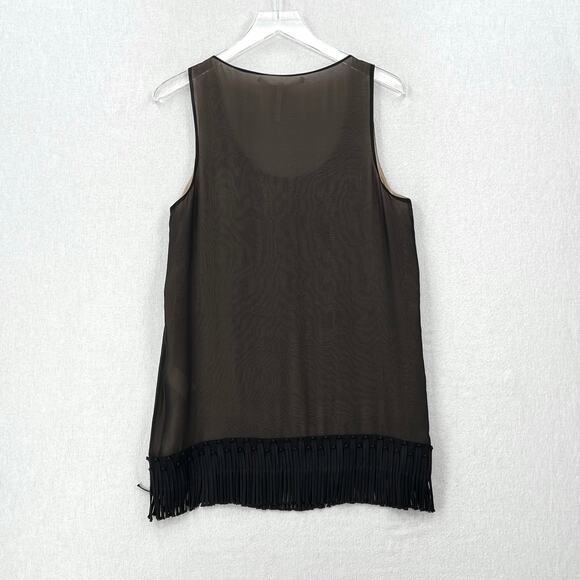 SCHUMACHER Fringe Trim Tunic Tank Top Women M Black Sheer Stripe Silk Scoop Neck - Picture 3 of 13